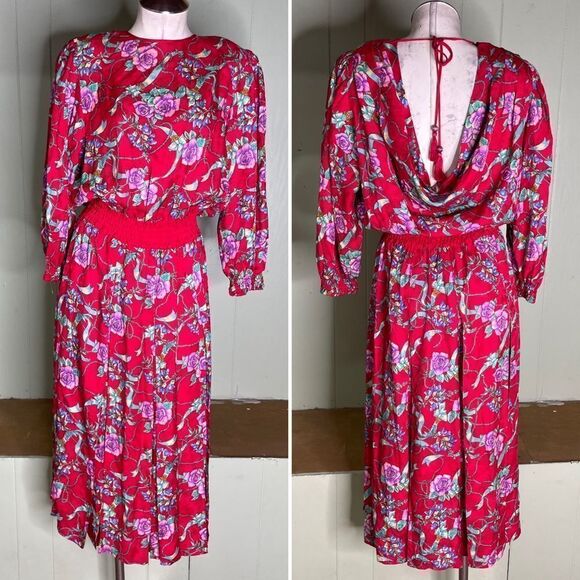 Vintage 80s Designer Diane Freis 100% Silk Beaded Plunge Floral‎ Midi Dress S M - Picture 1 of 12
